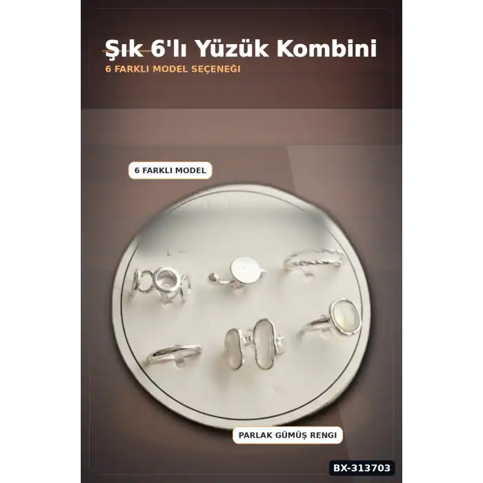 Pirinc 6li Yuzuk Seti 7-8 Numara Gumus Renk Bijuteri Takim Aksesuar Hediyelik BX-313703
