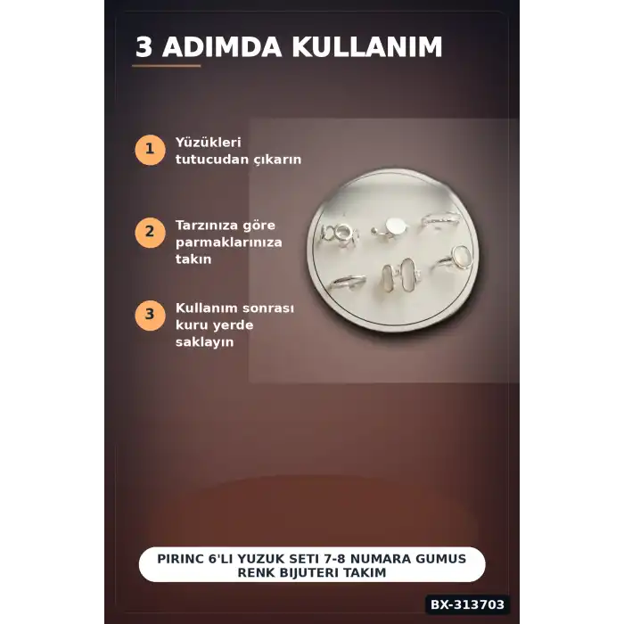 Pirinc 6li Yuzuk Seti 7-8 Numara Gumus Renk Bijuteri Takim Aksesuar Hediyelik BX-313703