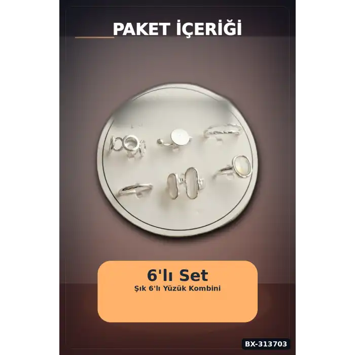Pirinc 6li Yuzuk Seti 7-8 Numara Gumus Renk Bijuteri Takim Aksesuar Hediyelik BX-313703