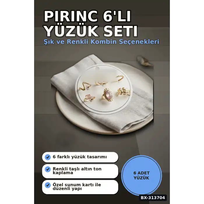 Pirinc 6 Adet Yuzuk Seti Numara 7-8 Arasi Bayan Bijuteri Hediyelik Ton BX-313704