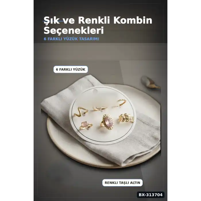Pirinc 6 Adet Yuzuk Seti Numara 7-8 Arasi Bayan Bijuteri Hediyelik Ton BX-313704