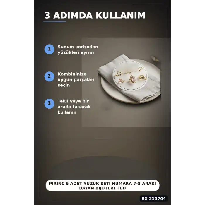 Pirinc 6 Adet Yuzuk Seti Numara 7-8 Arasi Bayan Bijuteri Hediyelik Ton BX-313704
