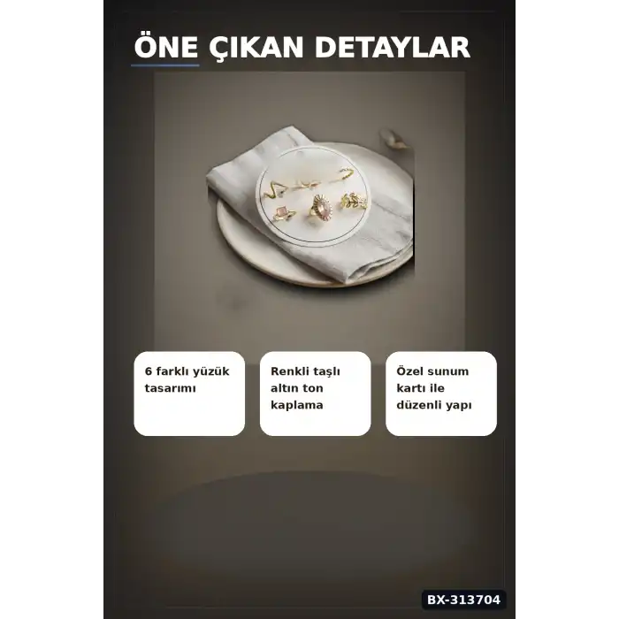 Pirinc 6 Adet Yuzuk Seti Numara 7-8 Arasi Bayan Bijuteri Hediyelik Ton BX-313704