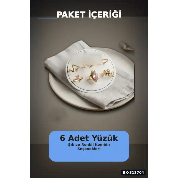 Pirinc 6 Adet Yuzuk Seti Numara 7-8 Arasi Bayan Bijuteri Hediyelik Ton BX-313704
