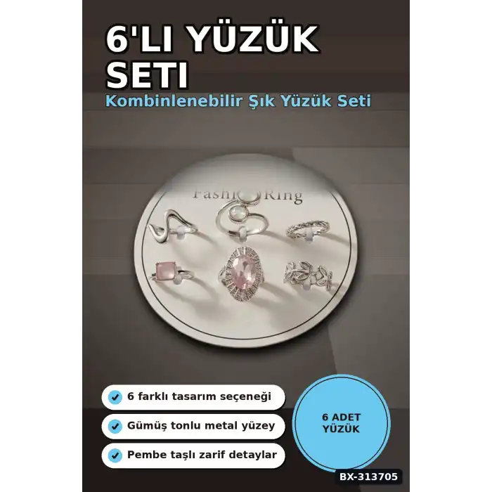 Pirinç 6li Yuzuk Seti 7-8 Numara Gumus Renk Bijuteri Bileklik Hediyelik Paket BX-313705