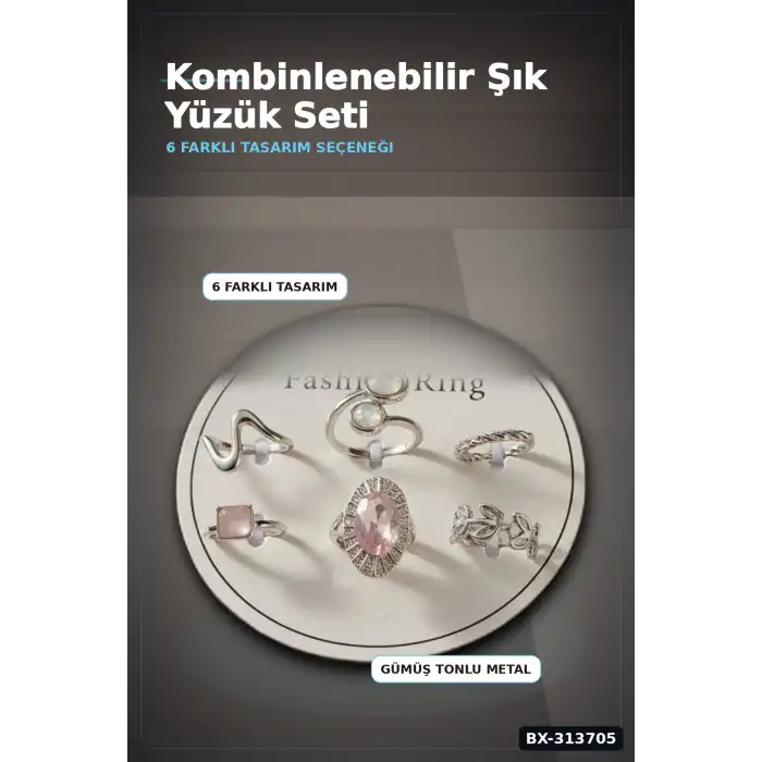 Pirinç 6li Yuzuk Seti 7-8 Numara Gumus Renk Bijuteri Bileklik Hediyelik Paket BX-313705
