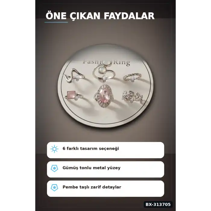 Pirinç 6li Yuzuk Seti 7-8 Numara Gumus Renk Bijuteri Bileklik Hediyelik Paket BX-313705
