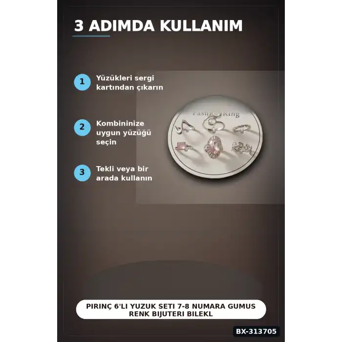 Pirinç 6li Yuzuk Seti 7-8 Numara Gumus Renk Bijuteri Bileklik Hediyelik Paket BX-313705