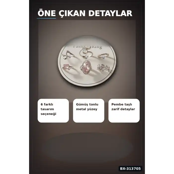 Pirinç 6li Yuzuk Seti 7-8 Numara Gumus Renk Bijuteri Bileklik Hediyelik Paket BX-313705