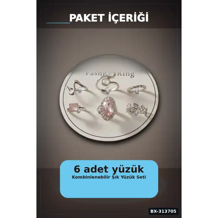 Pirinç 6li Yuzuk Seti 7-8 Numara Gumus Renk Bijuteri Bileklik Hediyelik Paket BX-313705