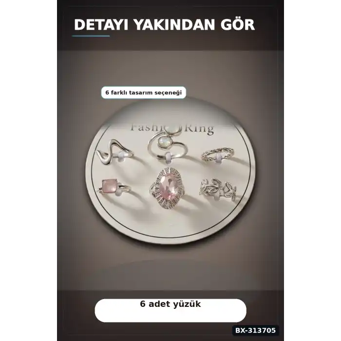 Pirinç 6li Yuzuk Seti 7-8 Numara Gumus Renk Bijuteri Bileklik Hediyelik Paket BX-313705