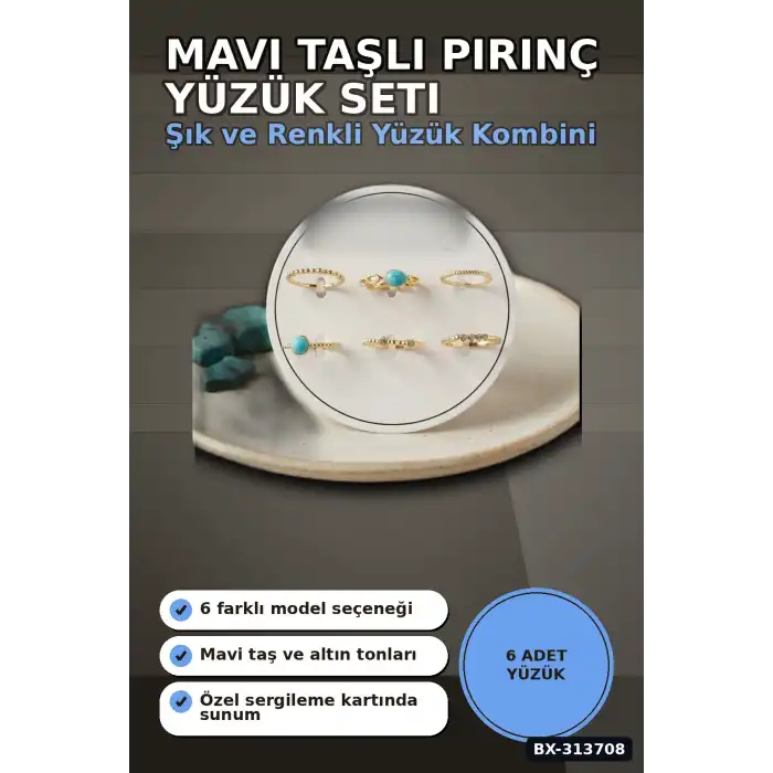 Mavi Taşlı Pirinç Yüzük Seti 6 Adet 7-8 Numara Bayan Bijuteri Takı Hediyelik BX-313708