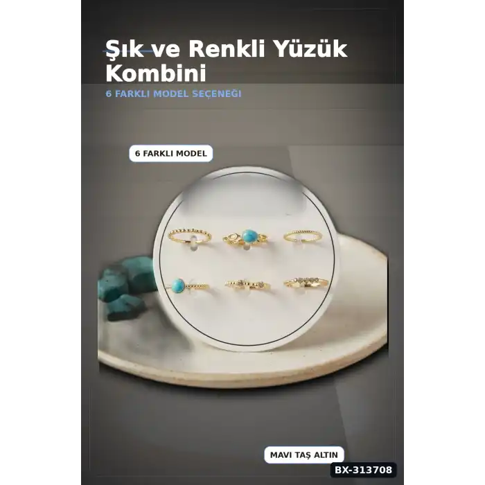 Mavi Taşlı Pirinç Yüzük Seti 6 Adet 7-8 Numara Bayan Bijuteri Takı Hediyelik BX-313708