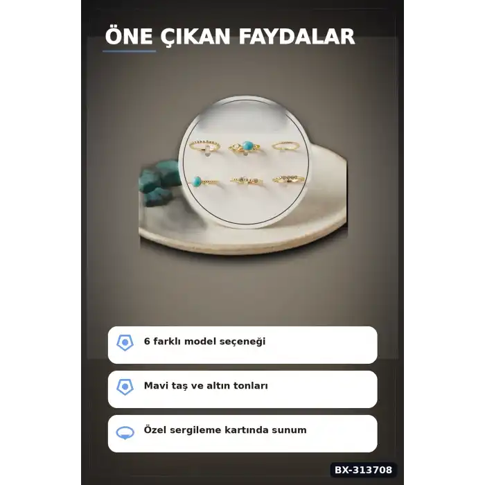 Mavi Taşlı Pirinç Yüzük Seti 6 Adet 7-8 Numara Bayan Bijuteri Takı Hediyelik BX-313708