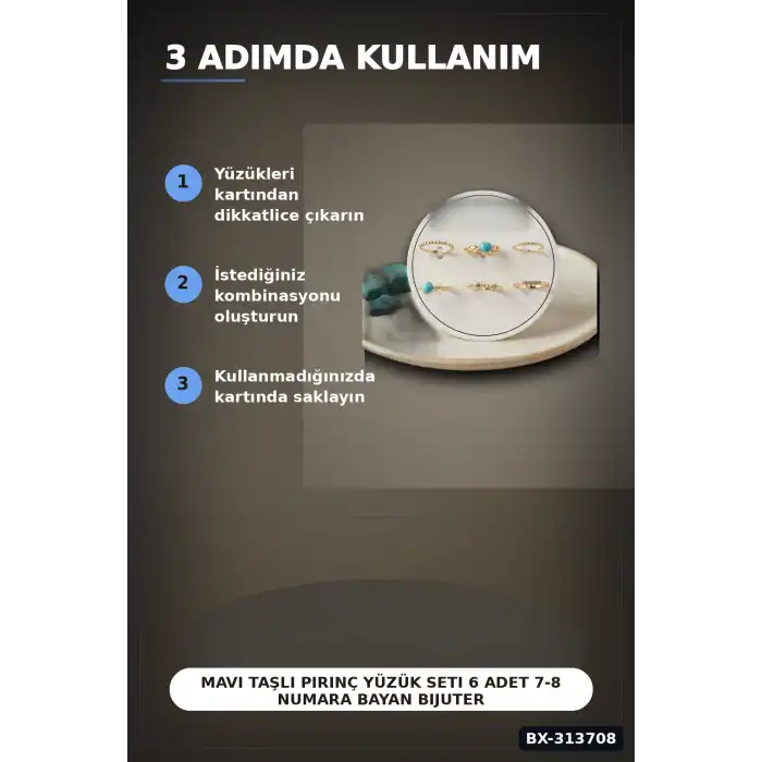 Mavi Taşlı Pirinç Yüzük Seti 6 Adet 7-8 Numara Bayan Bijuteri Takı Hediyelik BX-313708