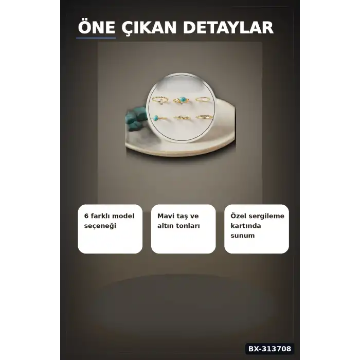 Mavi Taşlı Pirinç Yüzük Seti 6 Adet 7-8 Numara Bayan Bijuteri Takı Hediyelik BX-313708