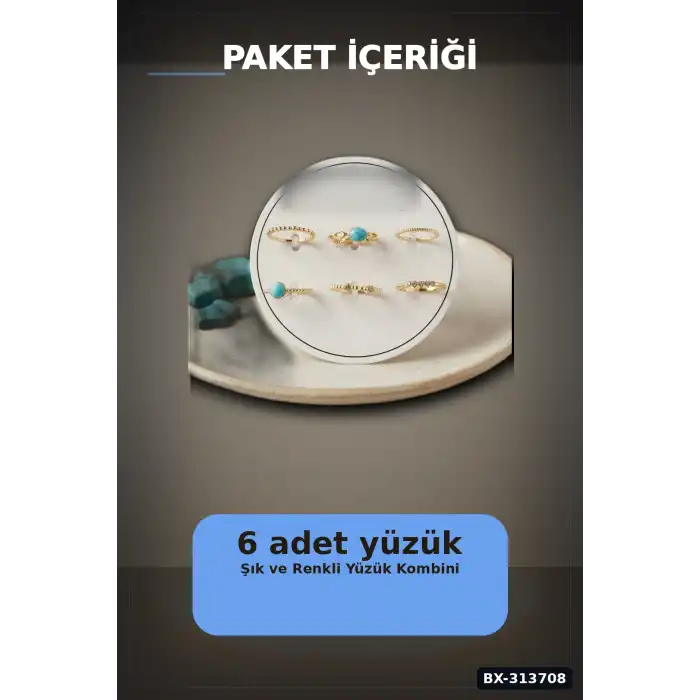 Mavi Taşlı Pirinç Yüzük Seti 6 Adet 7-8 Numara Bayan Bijuteri Takı Hediyelik BX-313708