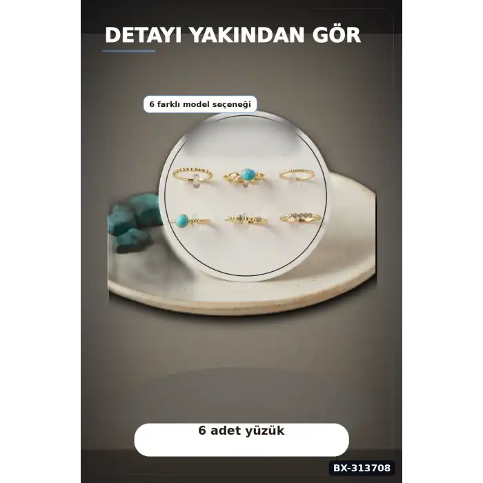 Mavi Taşlı Pirinç Yüzük Seti 6 Adet 7-8 Numara Bayan Bijuteri Takı Hediyelik BX-313708