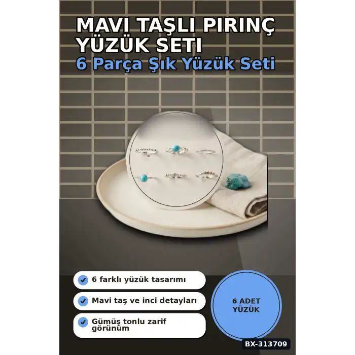 Mavi Taşlı Pirinç 6 Parça Yüzük Seti - 7-8 Numara Gümüş Renk Bijuteri Aksesuar BX-313709