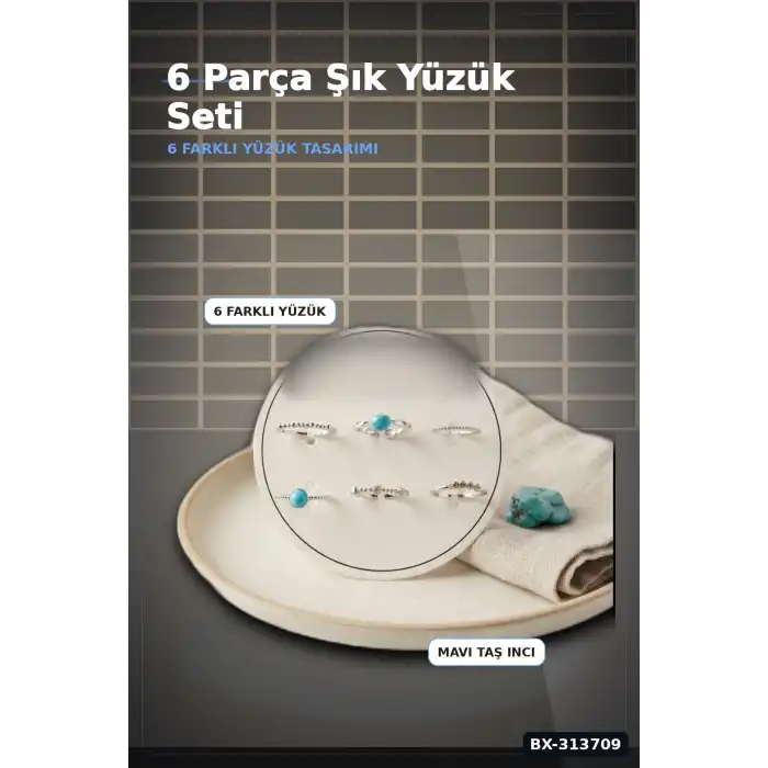 Mavi Taşlı Pirinç 6 Parça Yüzük Seti - 7-8 Numara Gümüş Renk Bijuteri Aksesuar BX-313709