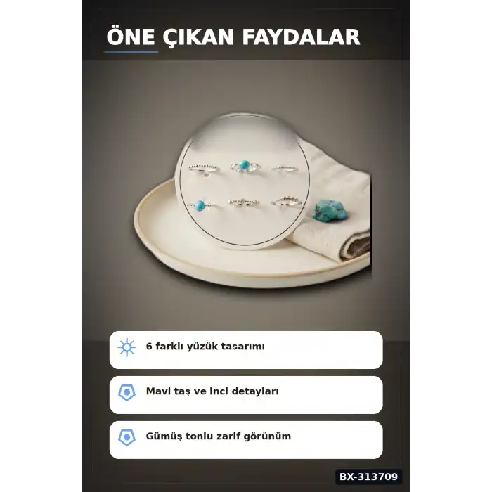 Mavi Taşlı Pirinç 6 Parça Yüzük Seti - 7-8 Numara Gümüş Renk Bijuteri Aksesuar BX-313709