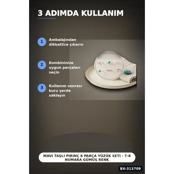 Mavi Taşlı Pirinç 6 Parça Yüzük Seti - 7-8 Numara Gümüş Renk Bijuteri Aksesuar BX-313709
