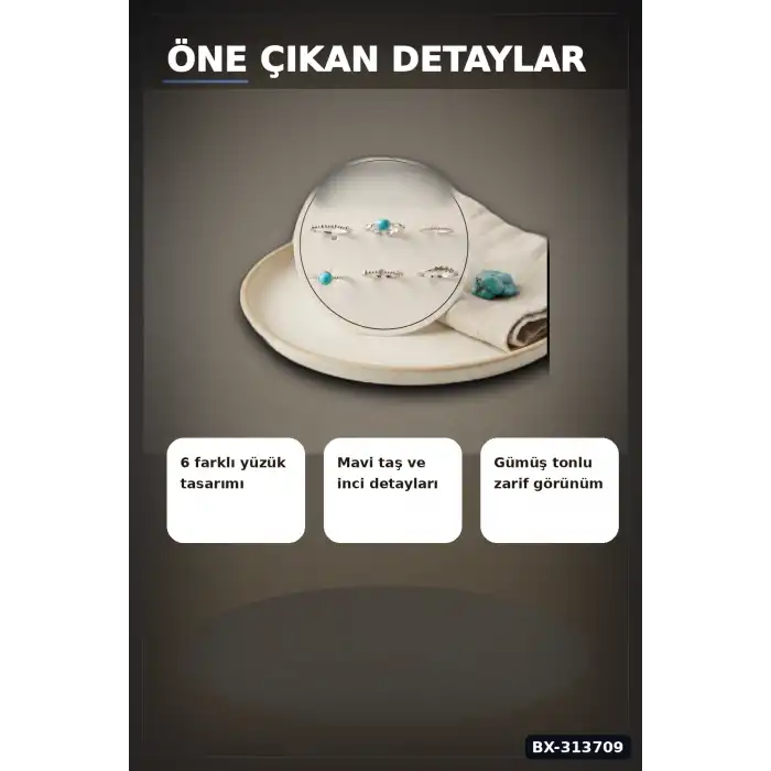Mavi Taşlı Pirinç 6 Parça Yüzük Seti - 7-8 Numara Gümüş Renk Bijuteri Aksesuar BX-313709