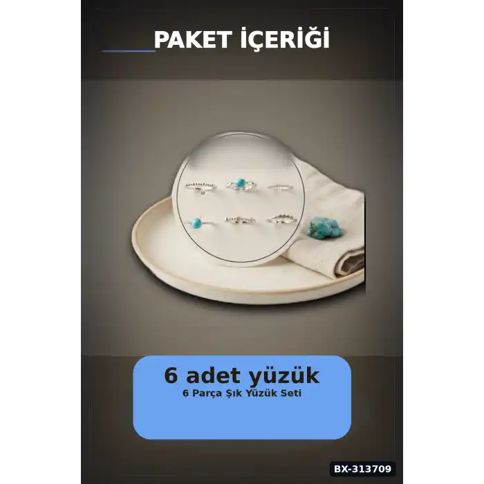 Mavi Taşlı Pirinç 6 Parça Yüzük Seti - 7-8 Numara Gümüş Renk Bijuteri Aksesuar BX-313709