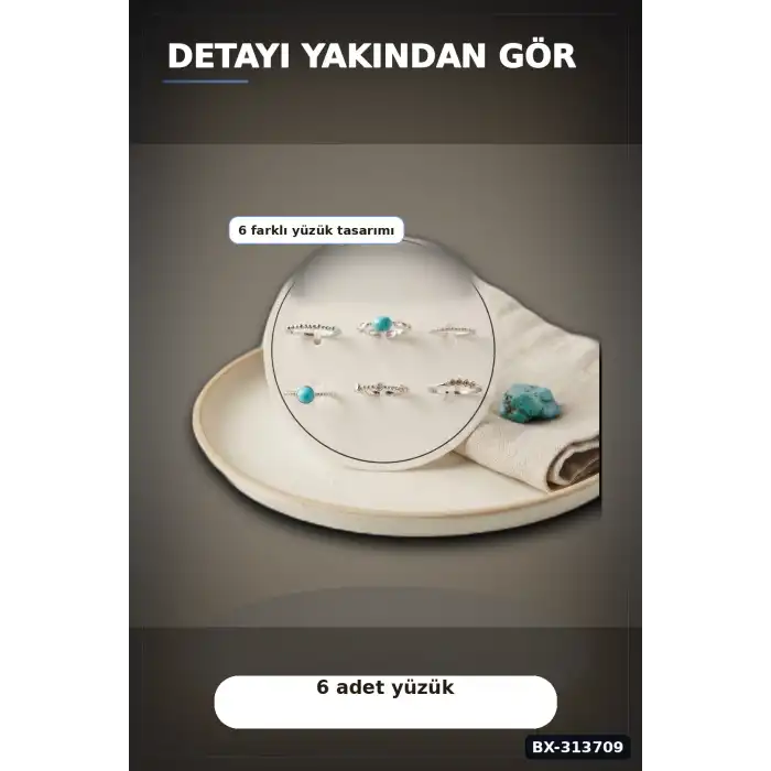 Mavi Taşlı Pirinç 6 Parça Yüzük Seti - 7-8 Numara Gümüş Renk Bijuteri Aksesuar BX-313709