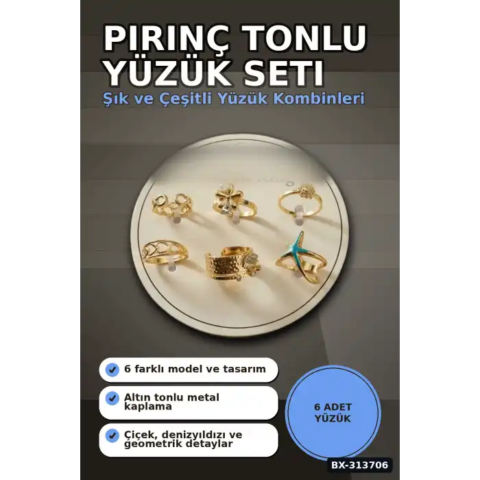 Pirinç 7-8 Numara 6 Adet Tonlu Yüzük Seti - Bijuteri Takı Aksesuar Hediyelik BX-313706