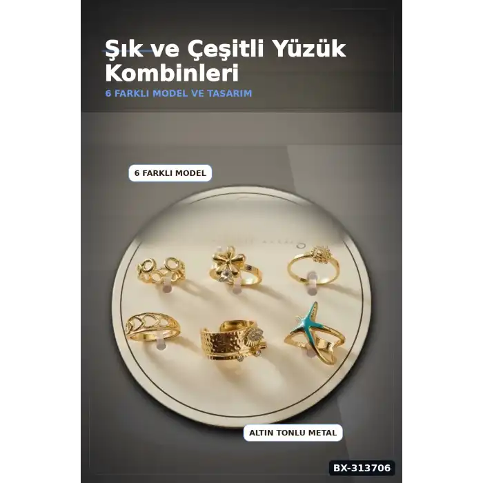 Pirinç 7-8 Numara 6 Adet Tonlu Yüzük Seti - Bijuteri Takı Aksesuar Hediyelik BX-313706