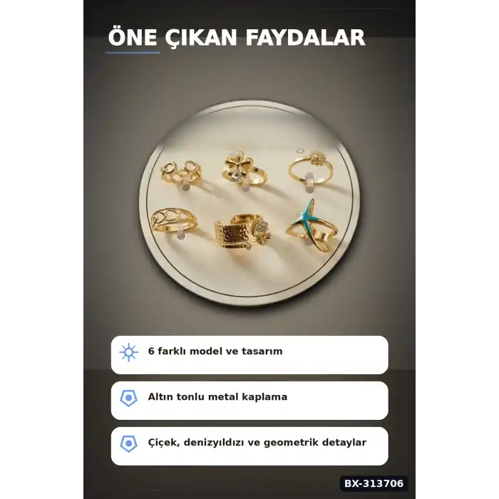 Pirinç 7-8 Numara 6 Adet Tonlu Yüzük Seti - Bijuteri Takı Aksesuar Hediyelik BX-313706