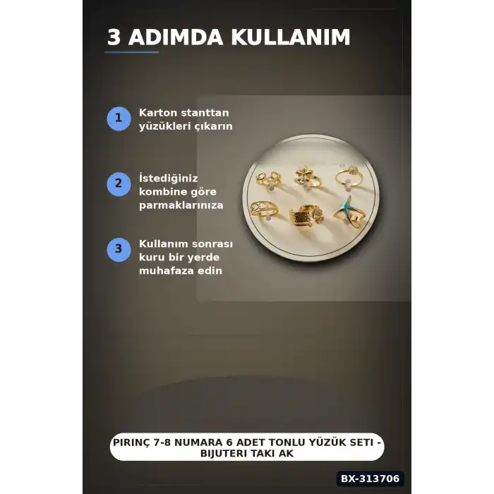 Pirinç 7-8 Numara 6 Adet Tonlu Yüzük Seti - Bijuteri Takı Aksesuar Hediyelik BX-313706