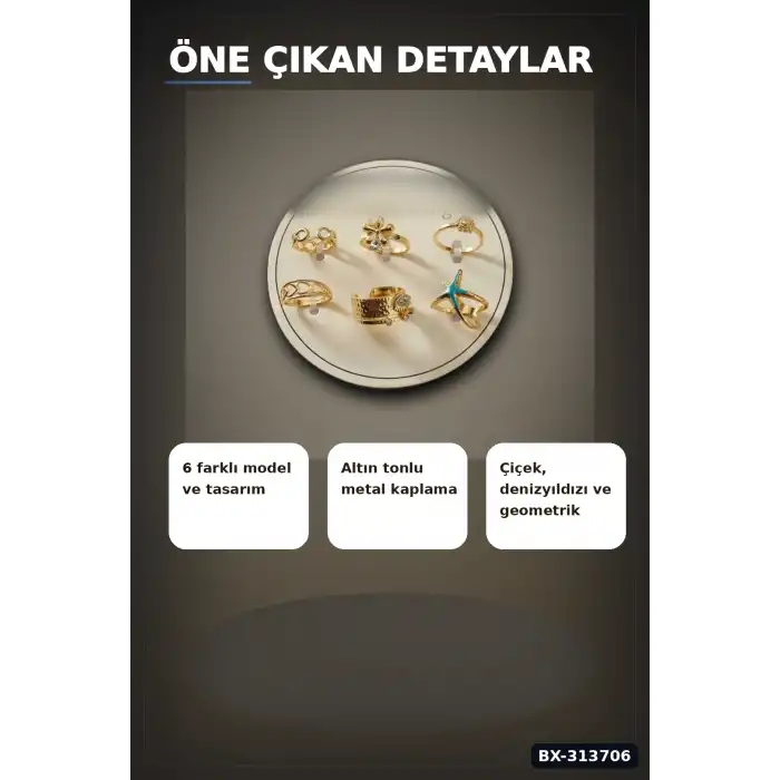 Pirinç 7-8 Numara 6 Adet Tonlu Yüzük Seti - Bijuteri Takı Aksesuar Hediyelik BX-313706