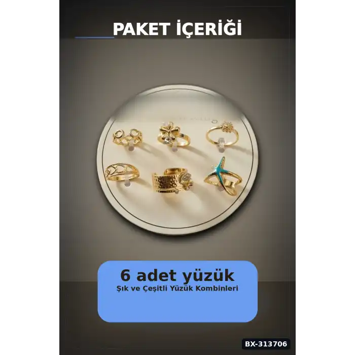 Pirinç 7-8 Numara 6 Adet Tonlu Yüzük Seti - Bijuteri Takı Aksesuar Hediyelik BX-313706