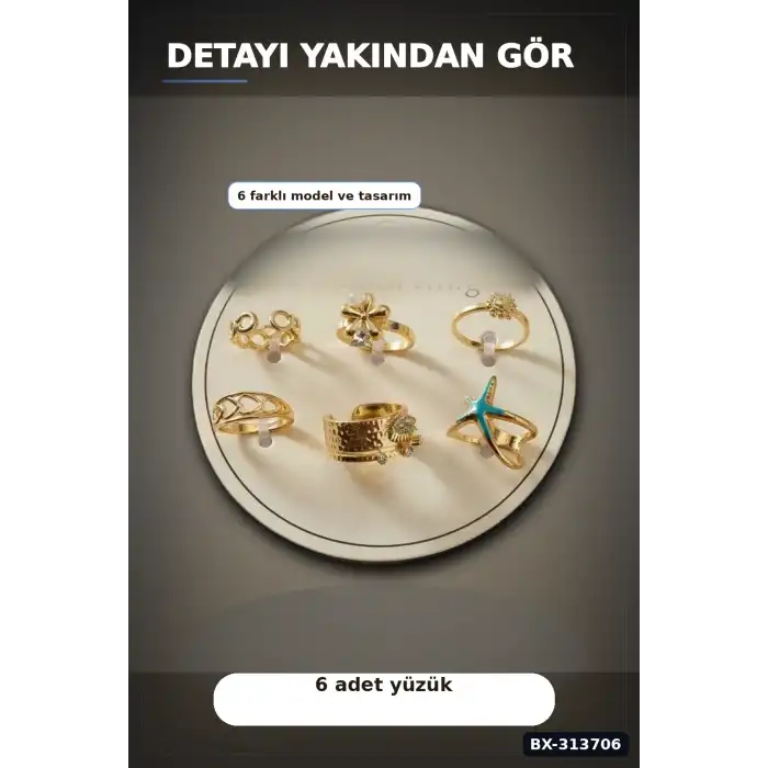Pirinç 7-8 Numara 6 Adet Tonlu Yüzük Seti - Bijuteri Takı Aksesuar Hediyelik BX-313706