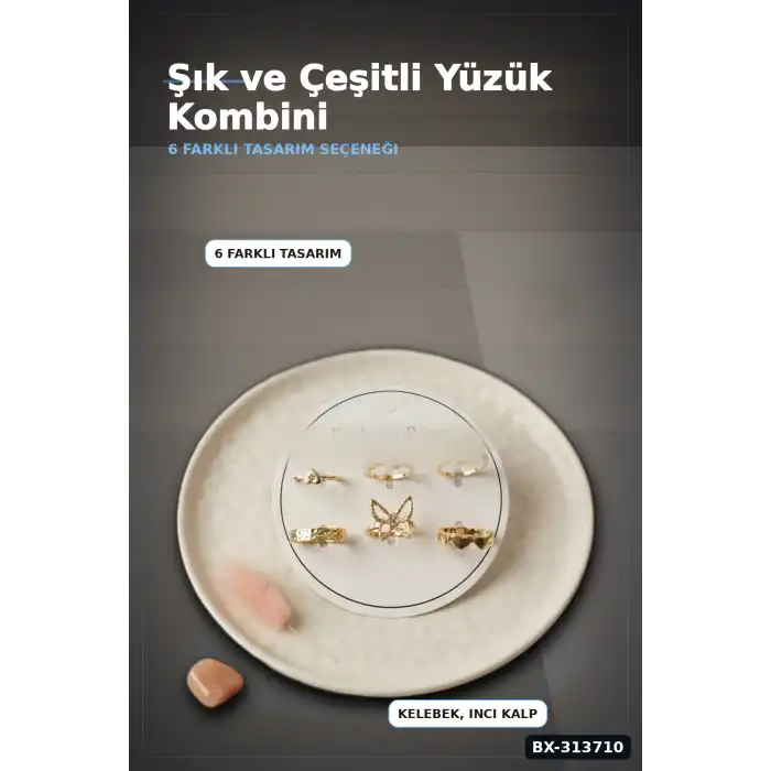 Pirinç 6li Kelebek Detayli Yuzuk Seti 7-8 Numara Rengi Bijuteri BX-313710