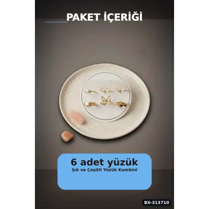 Pirinç 6li Kelebek Detayli Yuzuk Seti 7-8 Numara Rengi Bijuteri BX-313710