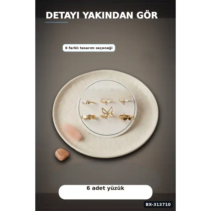 Pirinç 6li Kelebek Detayli Yuzuk Seti 7-8 Numara Rengi Bijuteri BX-313710