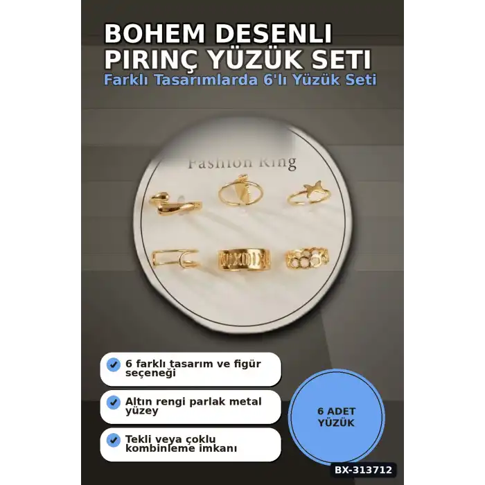 Bohem Desenli 6 Adet Pirinç Yüzük Seti - 7-8 Numara, Bayan Bijuteri Takı BX-313712