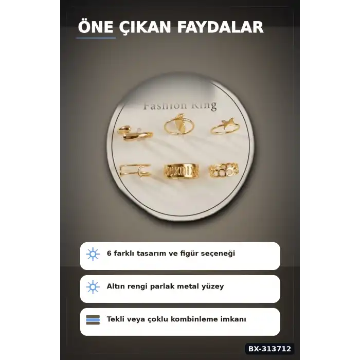 Bohem Desenli 6 Adet Pirinç Yüzük Seti - 7-8 Numara, Bayan Bijuteri Takı BX-313712