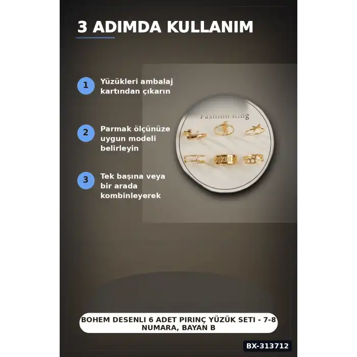 Bohem Desenli 6 Adet Pirinç Yüzük Seti - 7-8 Numara, Bayan Bijuteri Takı BX-313712