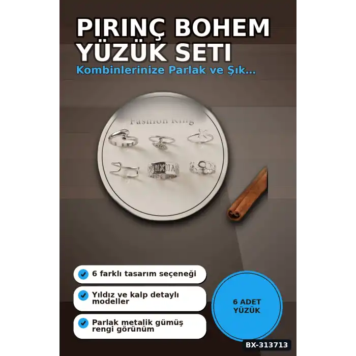Pirinç Bohem Detaylı 6 Adet Yüzük Seti - Gümüş Rengi, 7-8 Numara, Bijuteri Aksesuar BX-313713