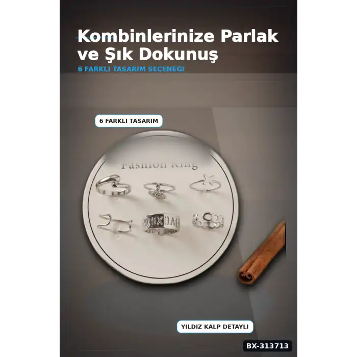 Pirinç Bohem Detaylı 6 Adet Yüzük Seti - Gümüş Rengi, 7-8 Numara, Bijuteri Aksesuar BX-313713