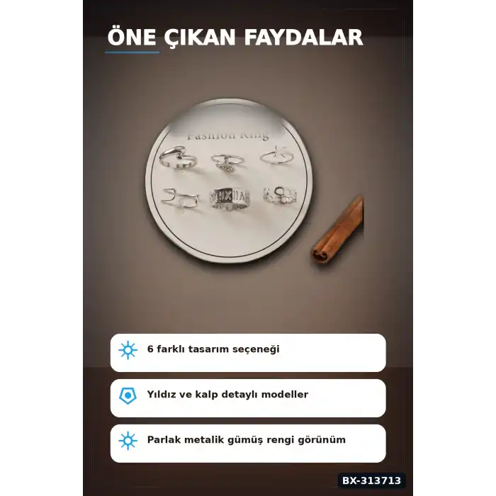 Pirinç Bohem Detaylı 6 Adet Yüzük Seti - Gümüş Rengi, 7-8 Numara, Bijuteri Aksesuar BX-313713