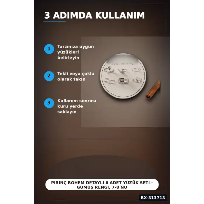 Pirinç Bohem Detaylı 6 Adet Yüzük Seti - Gümüş Rengi, 7-8 Numara, Bijuteri Aksesuar BX-313713