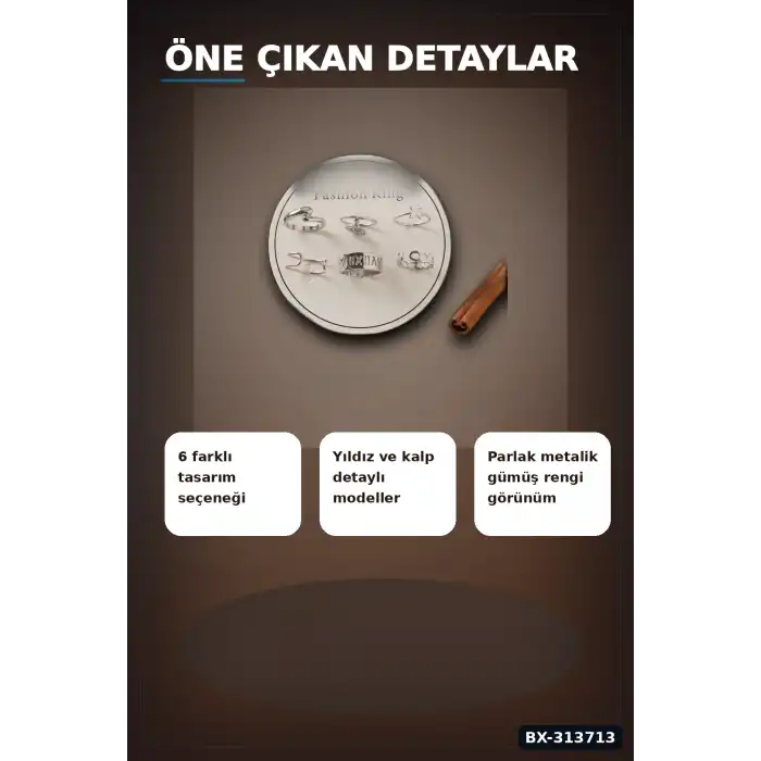 Pirinç Bohem Detaylı 6 Adet Yüzük Seti - Gümüş Rengi, 7-8 Numara, Bijuteri Aksesuar BX-313713
