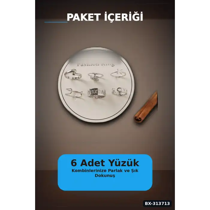Pirinç Bohem Detaylı 6 Adet Yüzük Seti - Gümüş Rengi, 7-8 Numara, Bijuteri Aksesuar BX-313713