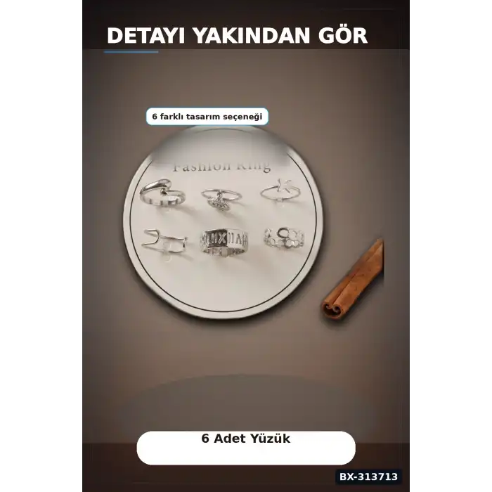 Pirinç Bohem Detaylı 6 Adet Yüzük Seti - Gümüş Rengi, 7-8 Numara, Bijuteri Aksesuar BX-313713