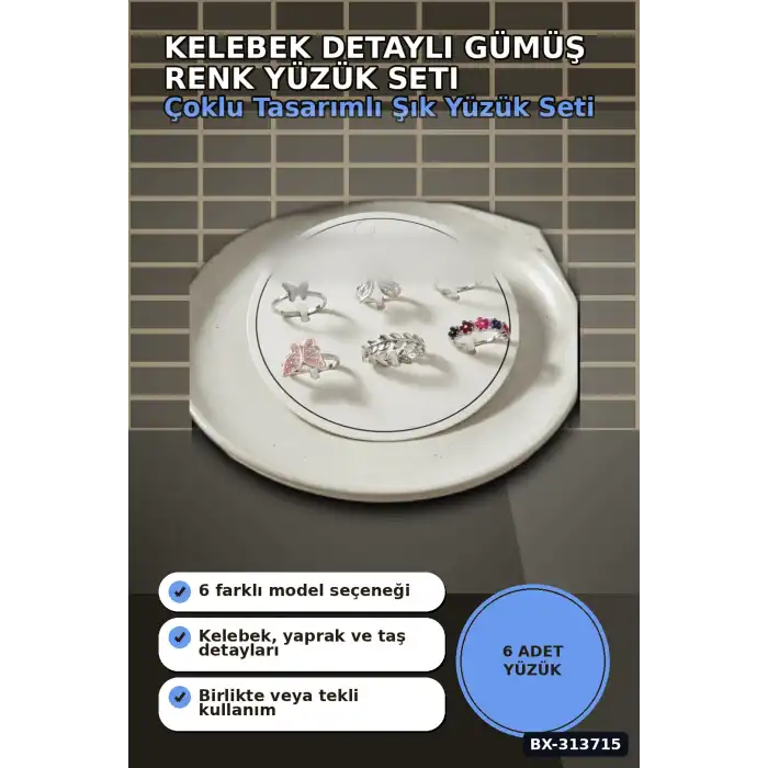 Pirinç 6li Kelebek Detayli Yuzuk Seti - 7-8 Numara Arasi Gumus Renk Bayan Aksesuari BX-313715